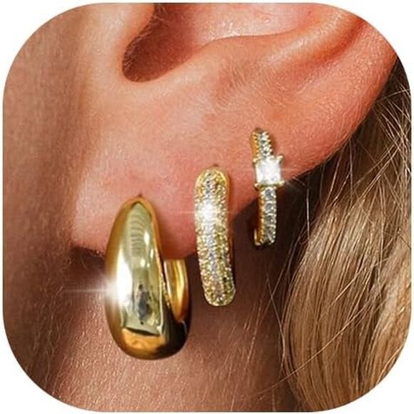 Gold Hoop Earrings Set 14K Gold Plated Pave CZ Earrings Set Three Piercing Set - Picture 2 of 4